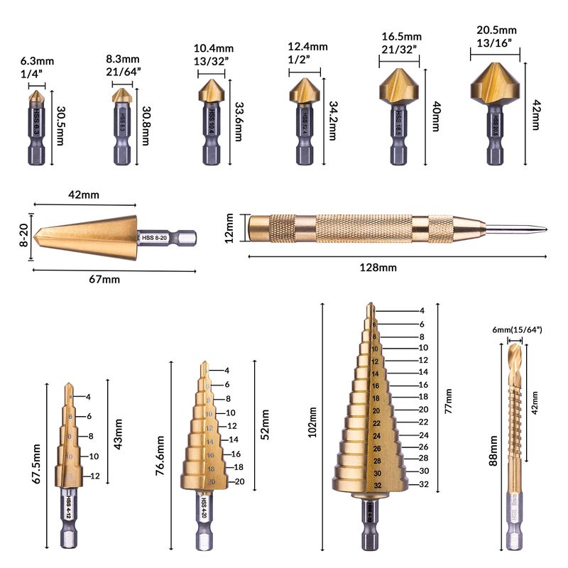 NordWolf 12-Piece HSS Titanium Metric Step, Countersink, Cone Drills with 1/4" Hex Shank, Multi Drill Saw & Automatic Center Punch Set in Storage Case - Image 2